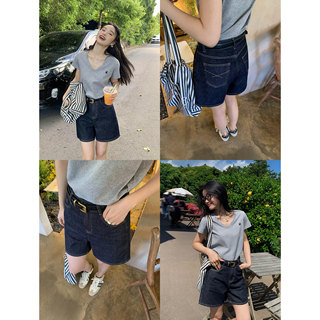 pusumede 高腰复古牛仔短裤女夏新款宽松显瘦休闲百搭阔腿a字热裤