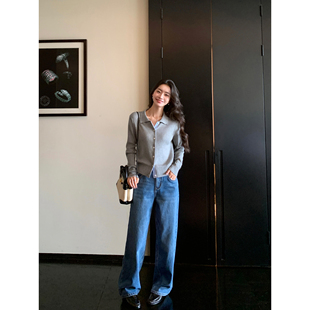 型走都市 休闲直筒阔腿裤 美式 女秋季 复古低腰宽松牛仔裤 pusumede