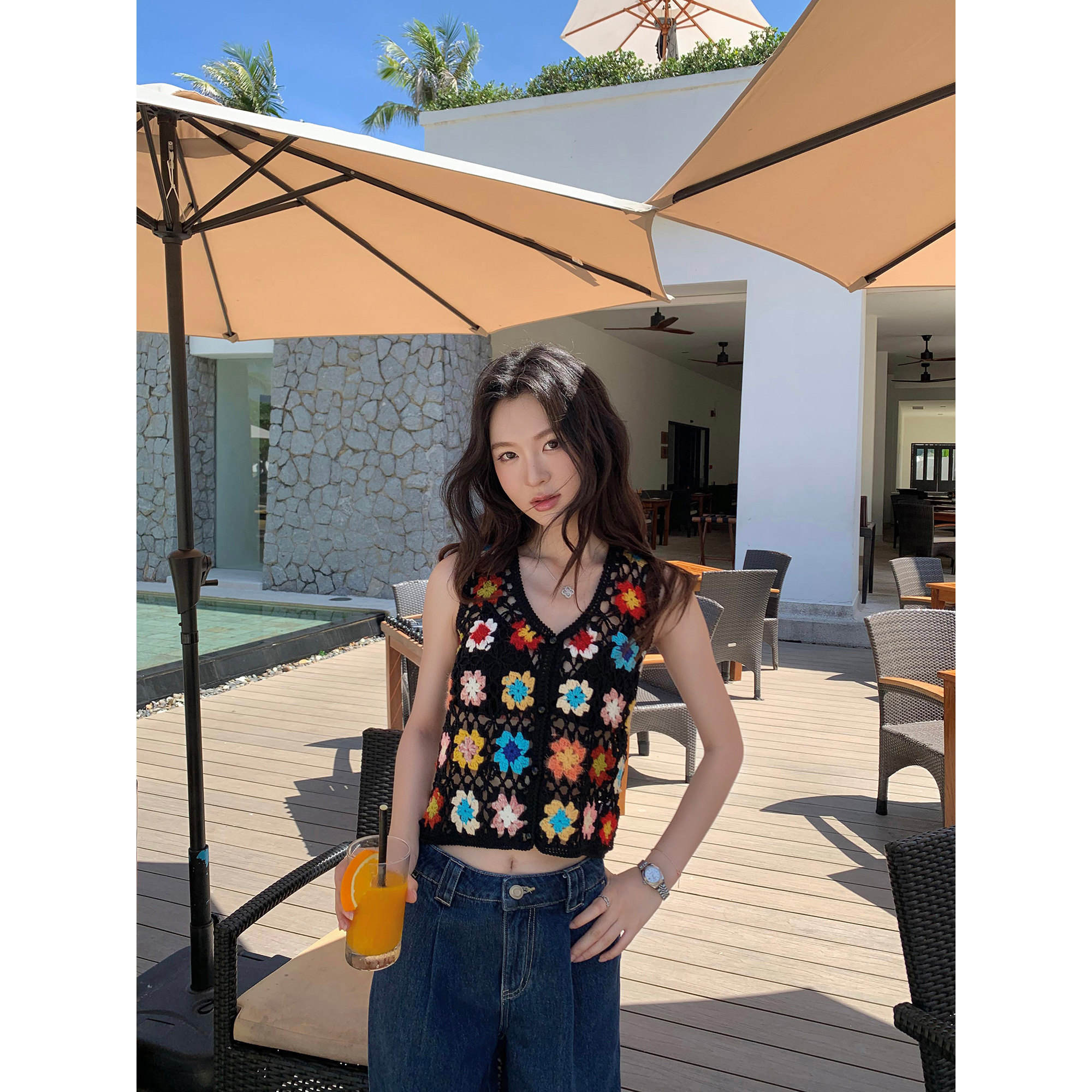 pusumede 花镜 手工编织针织开衫马甲背心女设计感无袖叠穿上衣