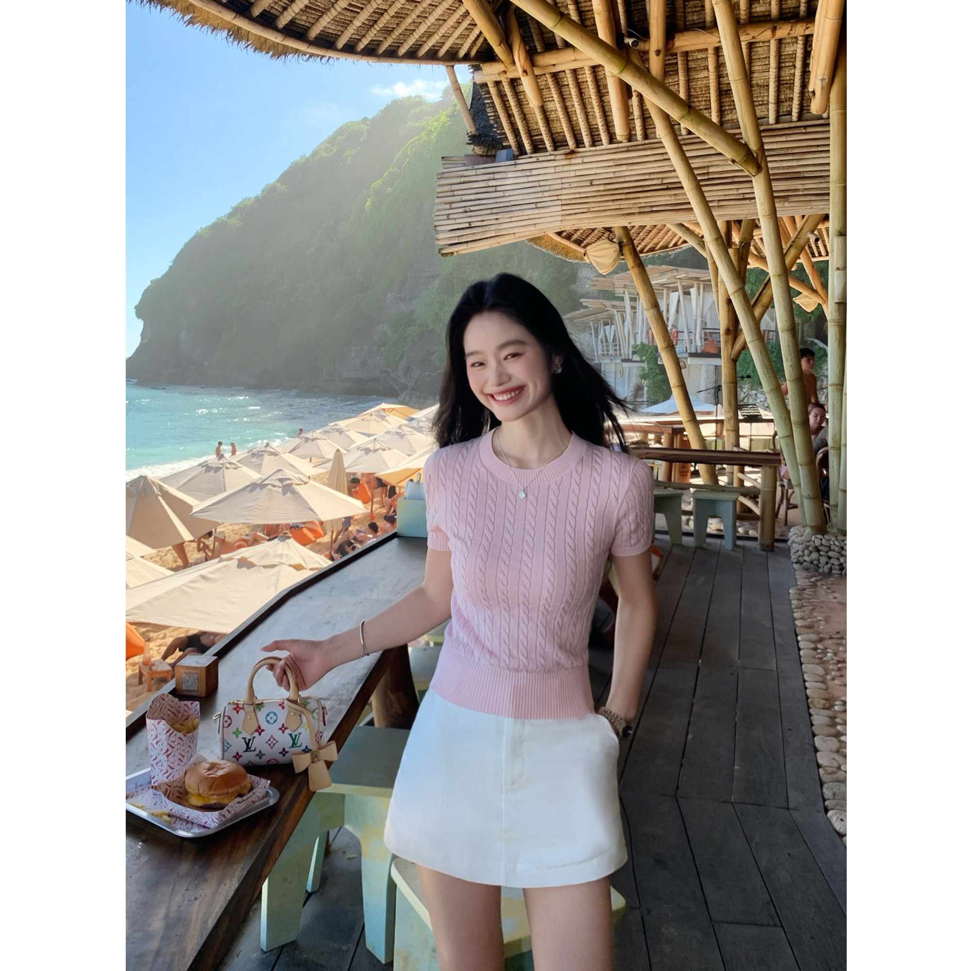 pusumede满分绞花 经典麻花短袖针织衫女莱赛尔棉薄款圆领T恤上衣