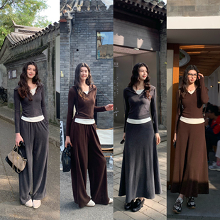 女针织上衣 假两件连帽开衫 半身裙 休闲裤 pusumede 套装 城市假日