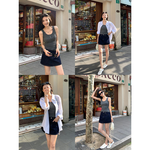 pusumede 复古简约牛仔半身裙女设计感高腰裙裤百搭a字包臀短裙