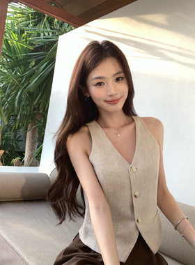 pusumede 柔和美感 老钱风1OO亚麻V领马甲女外穿无袖背心马夹上衣