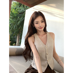 pusumede 柔和美感 老钱风1OO亚麻V领马甲女外穿无袖背心马夹上衣