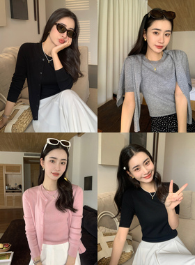 pusumede【现货7折】灰色圆领针织开衫外套女修身气质短袖T恤
