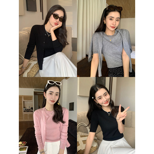 气质短袖 pusumede 外套女修身 灰色圆领针织开衫 T恤 现货7折