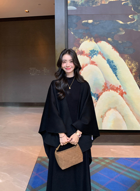 pusumede 富家千金 高级感羊毛双面呢斗篷外套女宽松慵懒呢子披肩