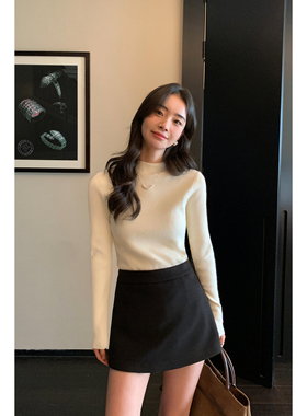 pusumede黑色半高领针织衫女秋冬基础百搭打底衫毛衣正肩长袖上衣