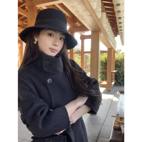 pusumede 暖冬遥想 高立领羊毛呢子大衣女中长款双面呢收腰外套