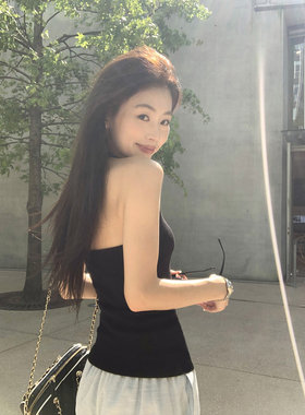 pusumede黑色挂脖针织吊带背心女外穿修身露背气质无袖莱赛尔上衣