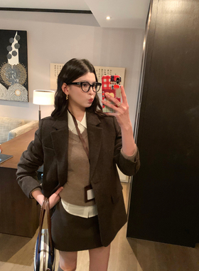 pusumede 静雅通勤精英感羊毛西装外套女夹棉西服+百褶半身裙套装