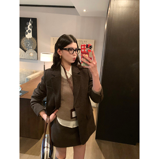 百褶半身裙套装 外套女夹棉西服 静雅通勤精英感羊毛西装 pusumede