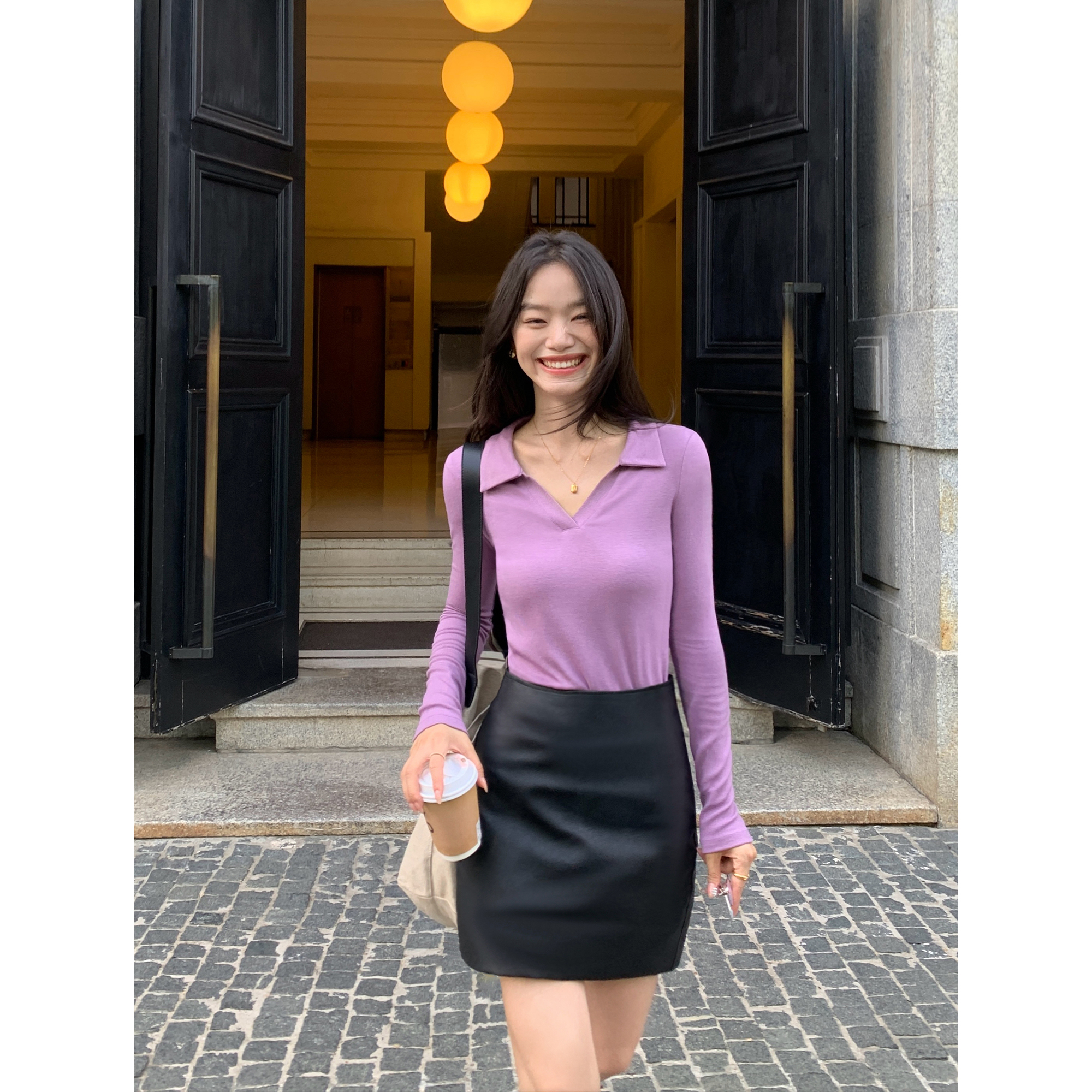 pusumede 黑色v领polo针织衫女春秋季修身显瘦长袖内搭打底衫上衣