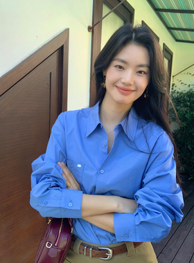 pusumede 极简利落 经典蓝色长袖衬衫女高级感纯棉衬衣叠穿上衣
