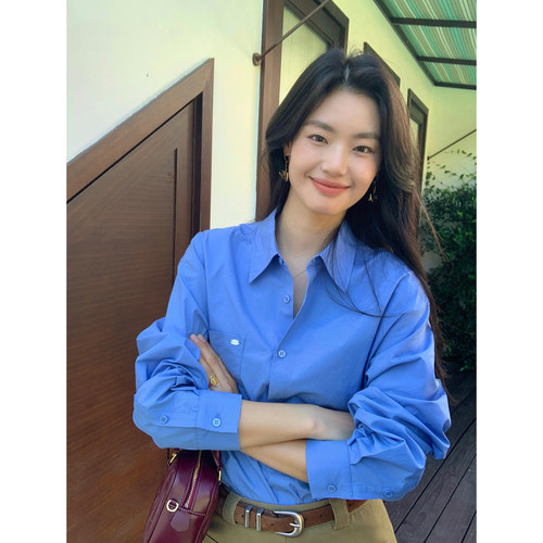 pusumede 极简利落 经典蓝色长袖衬衫女高级感纯棉衬衣叠穿上衣