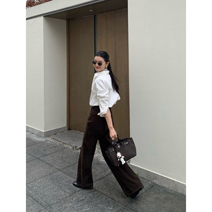 百搭休闲裤 pusumede深咖色直筒牛仔裤 女秋冬加绒高腰宽松拖地长裤