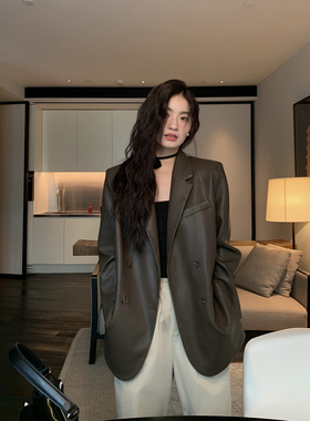 pusumede【现货7折】黑色复古皮衣皮西装外套女宽松休闲西服上衣