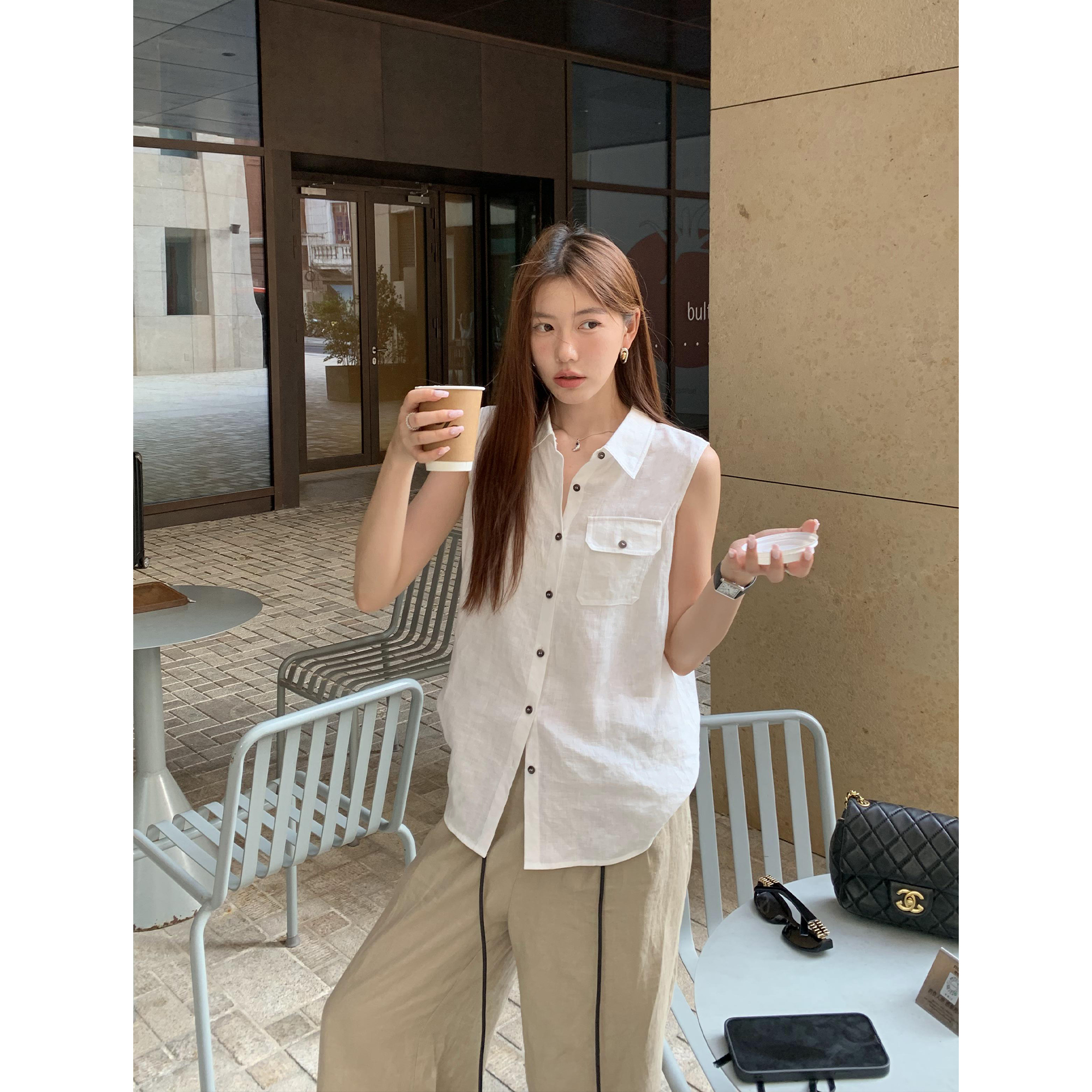 pusumede 高智滤镜 100%亚麻polo领无袖衬衫背心女老钱风马甲上衣