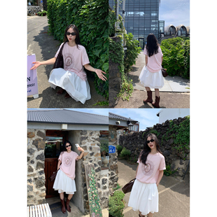 宽松慵懒设计感印花针织上衣 T恤女夏季 pusumede夏日奇趣 正肩短袖