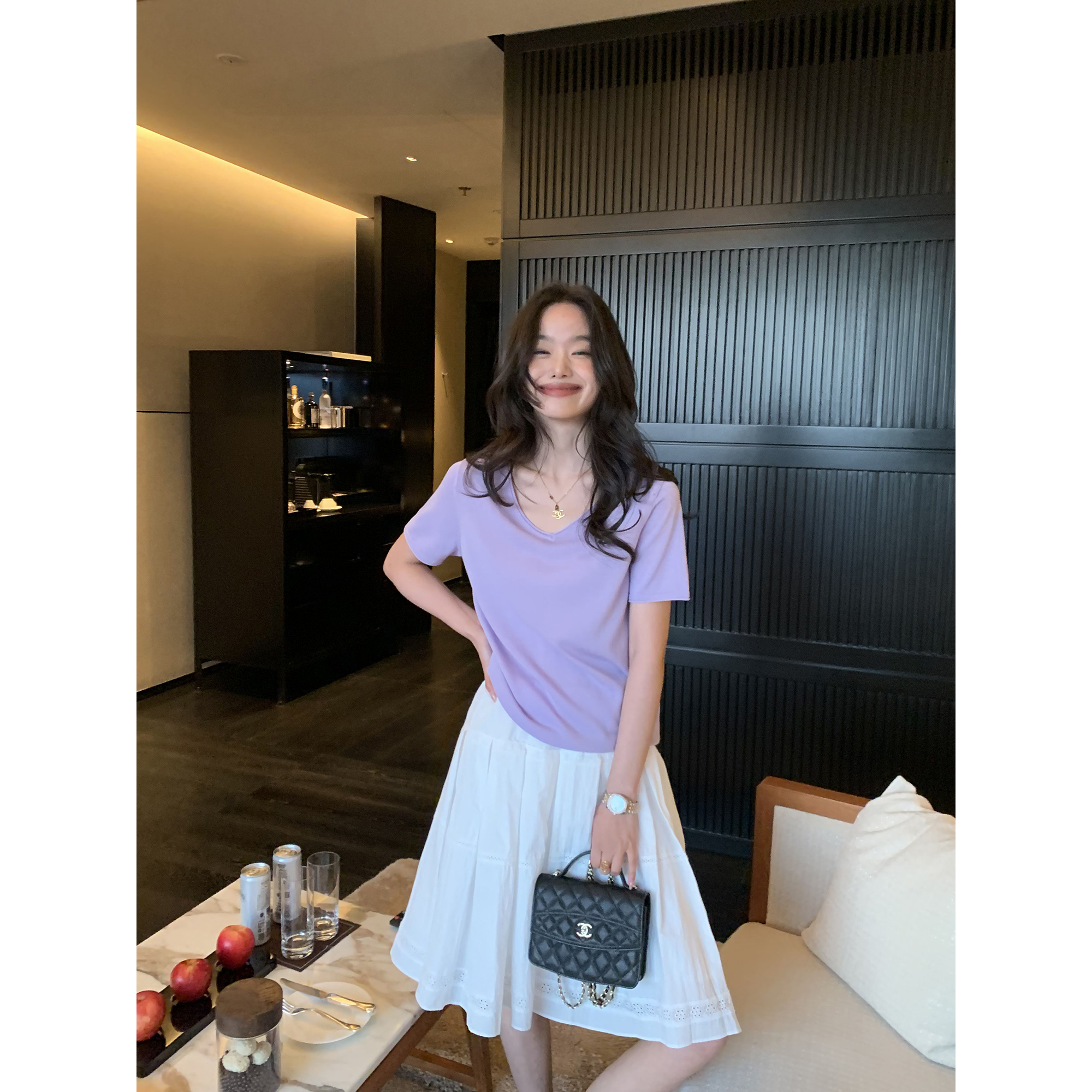 pusumede蕾丝轻舞 白色花边半身裙女松紧腰短裙设计感压褶a字伞裙