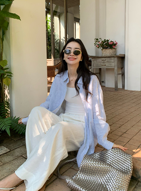 pusumede1OO亚麻条纹衬衫女雏菊刺绣设计感小众长袖衬衣气质上衣