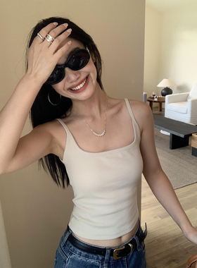 pusumede 黑色带胸垫针织吊带背心女夏季基础款休闲修身短款上衣