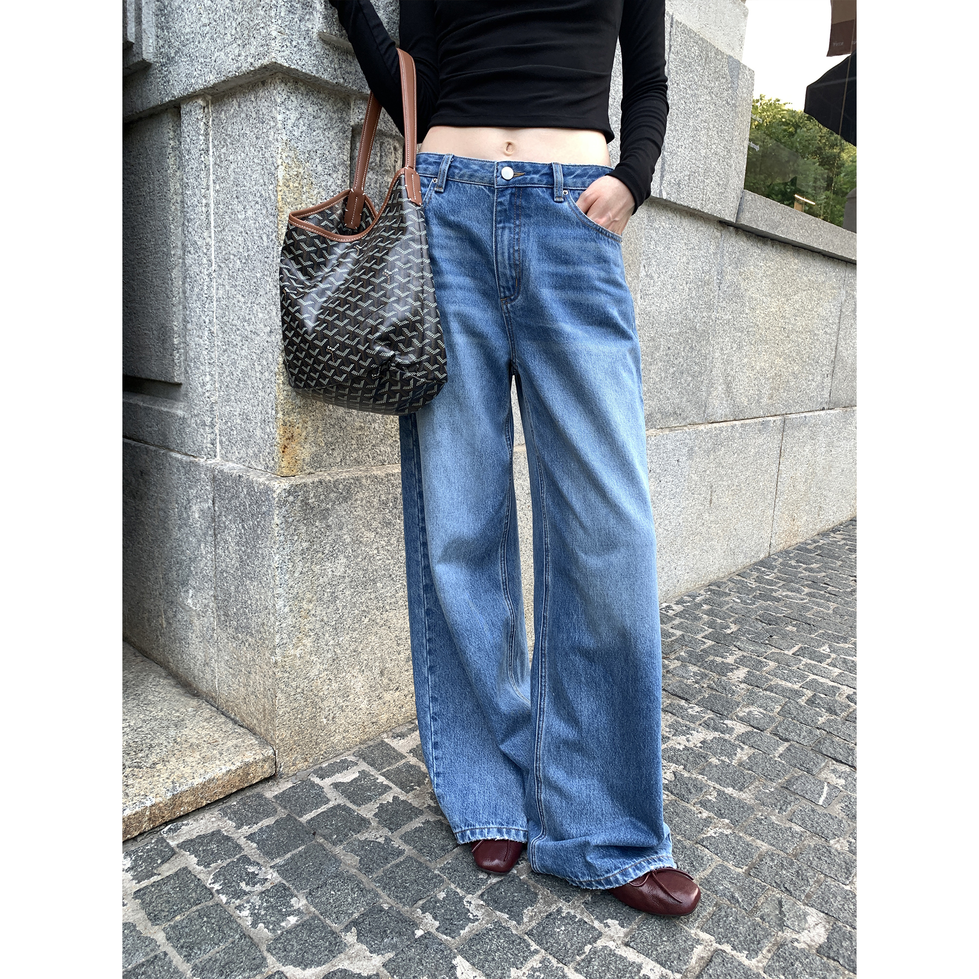 型格范本高腰阔腿牛仔裤拖地长裤