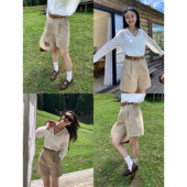 通勤裤 pusumede卡其色短裤 韩系宽松中裤 女高腰阔腿五分裤 子 休闲裤