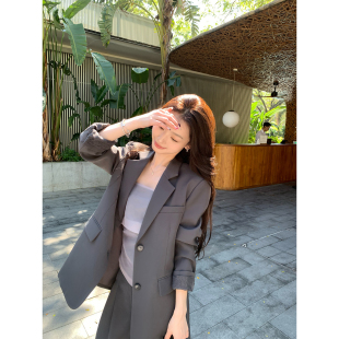 高级感灰色西装 外套女蕾丝拼接宽松西服上衣 南法老钱 pusumede