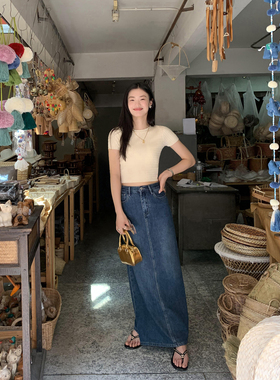 pusumede 【现货6折】 复古直筒牛仔半身裙女后开叉包臀裙