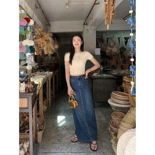 高腰复古牛仔半身裙女夏