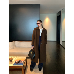 pusumede【现货7折】咖色复古毛呢外套女后开叉翻领气质长款大衣