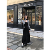 pusumede 古典假日 黑色带胸垫吊带连衣裙女大裙摆内搭气质长裙