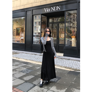 pusumede 黑色带胸垫吊带连衣裙女大裙摆内搭气质长裙 古典假日