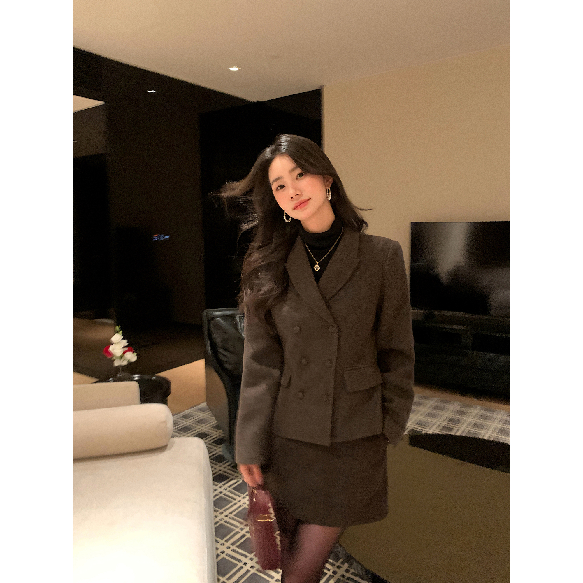 pusumede 柏林物语 小格纹毛呢西装外套女高腰半身裙短裙通勤套装