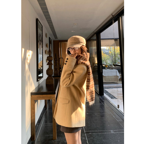 pusumede 高智淡人 经典翻驳领毛呢西装外套女宽松细闪呢子西服