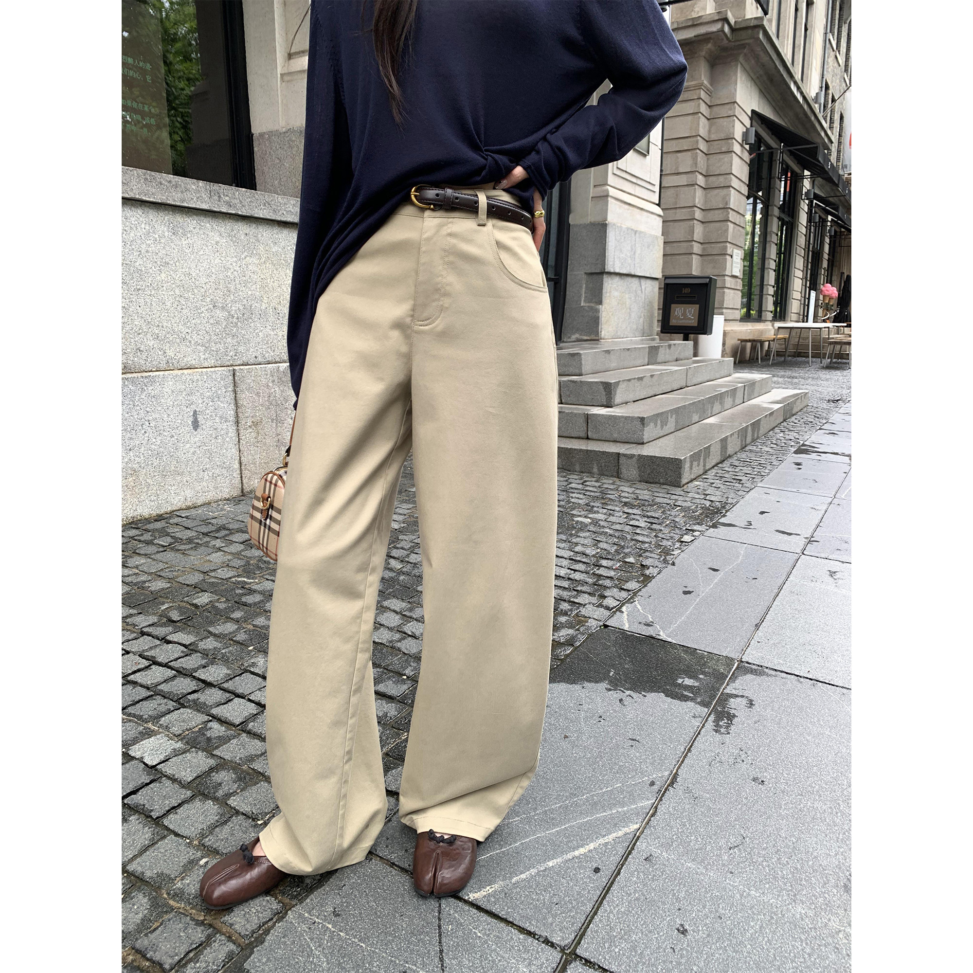 pusumede 摩卡旧事 卡其色宽松阔腿裤女高腰直筒通勤拖地休闲长裤