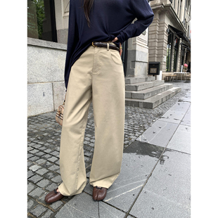 女高腰直筒通勤拖地休闲长裤 卡其色宽松阔腿裤 摩卡旧事 pusumede