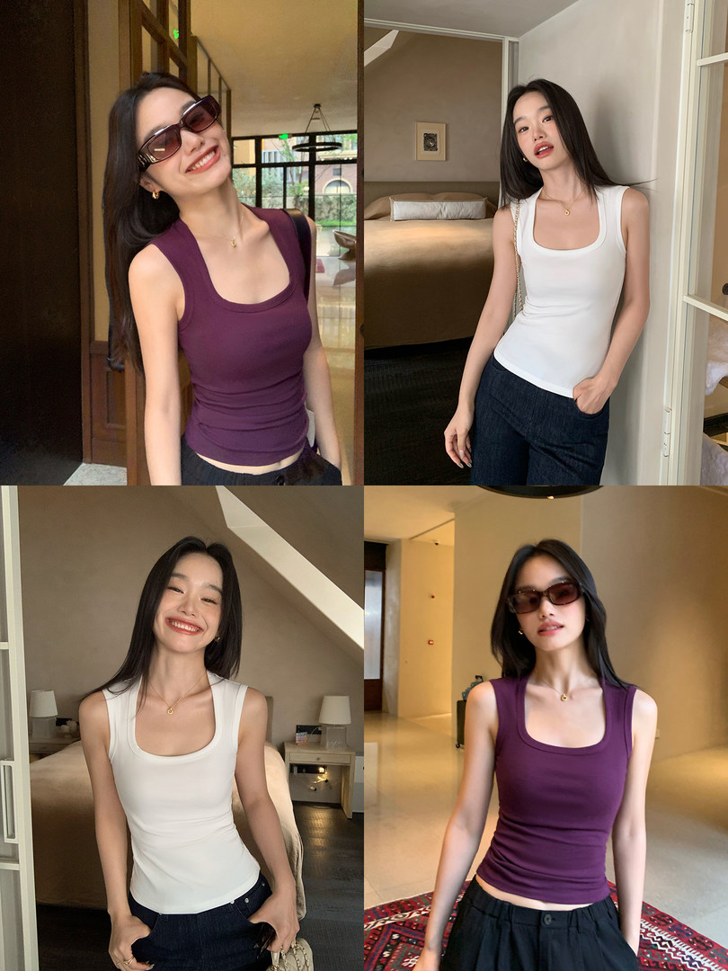 Model wearing fitted sleeveless tank tops in white and purple