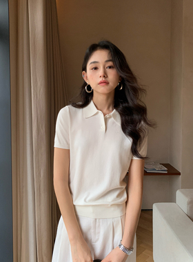 pusumede 简约LOOK|经典polo领短袖针织衫女正肩t恤莱赛尔上衣