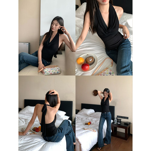 pusumede 反转魅力 荡领挂脖吊带背心女夏季外穿辣妹无袖露背上衣