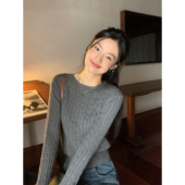 pusumede 收腰内搭圆领套头上衣女 短款 慵懒加分项 麻花毛衣针织衫