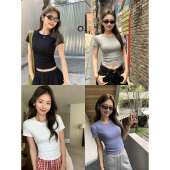 人手两件 基础圆领短袖 t恤女黑色修身 pusumede 收腰短款 正肩上衣