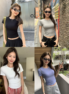 pusumede 人手两件 基础圆领短袖t恤女黑色修身收腰短款正肩上衣