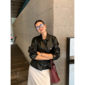 pusumede 现货7.5折 黑色皮衣夹克女设计感可拆腰带PU皮短外套