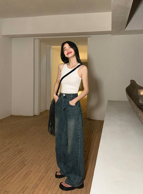 pusumede 蓝色复古阔腿牛仔裤女新款高腰显瘦宽松拖地休闲裤子