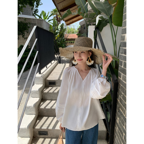 pusumede慵懒夏日莱赛尔亚麻法式v领衬衫女白色宽松长袖防晒上衣