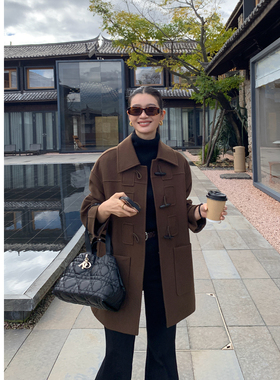 pusumede【现货7折】复古牛角扣毛呢外套女翻领1OO羊毛呢子大衣