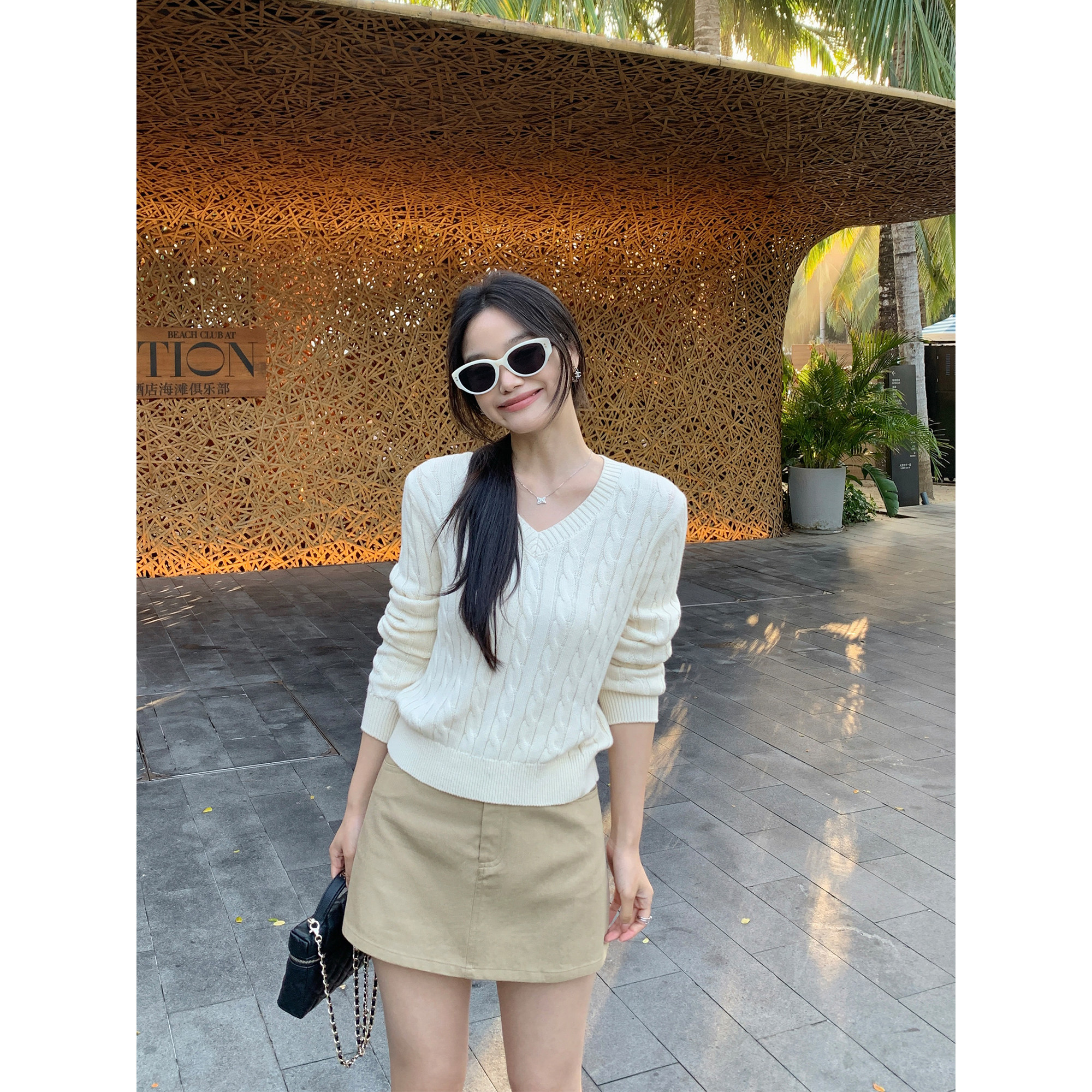 pusumede 缪斯雅致 经典v领/圆领麻花针织衫女韩系套头长袖上衣