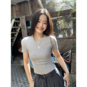显瘦圆领短款 pusumede基础百搭 t恤女新款 短袖 莱赛尔上衣 纯色修身
